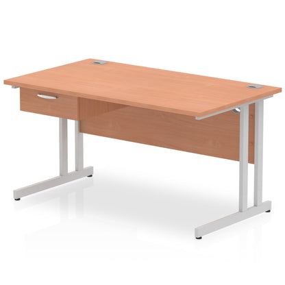 Impulse Cantilever Straight Desk Silver Frame With Single One Drawer Fixed Pedestal