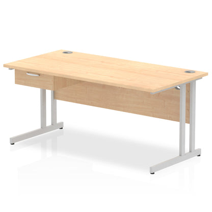 Impulse Cantilever Straight Desk Silver Frame With Single One Drawer Fixed Pedestal